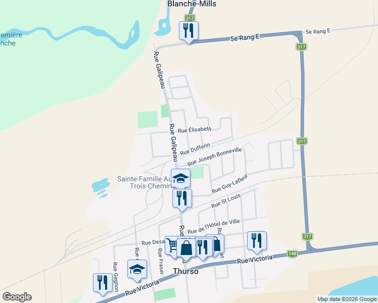 map of restaurants, bars, coffee shops, grocery stores, and more near 317 Rue Dufferin in Thurso