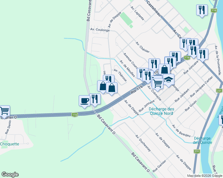 map of restaurants, bars, coffee shops, grocery stores, and more near 1205 Avenue de Dieppe in Saint-Hyacinthe