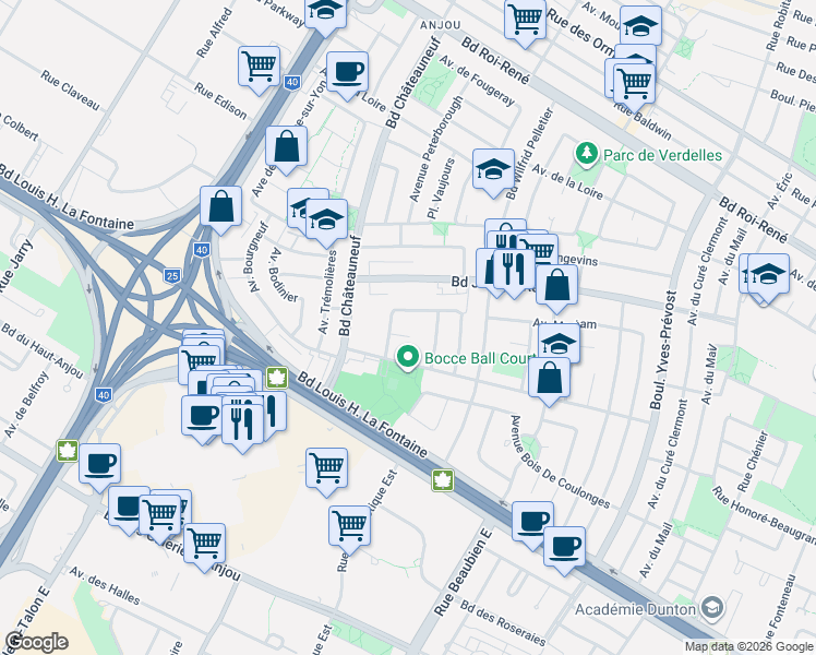 map of restaurants, bars, coffee shops, grocery stores, and more near 8315 Croissant Montrichard in Montréal