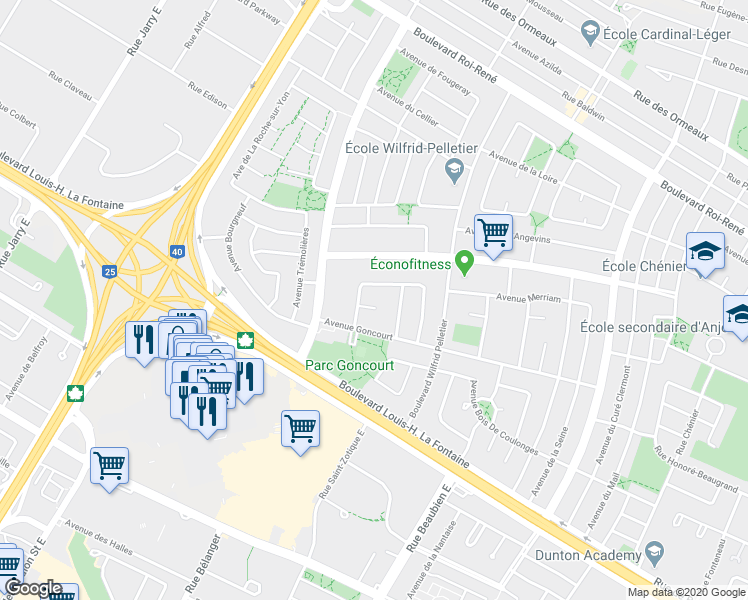 map of restaurants, bars, coffee shops, grocery stores, and more near 8313 Croissant Montrichard in Montréal