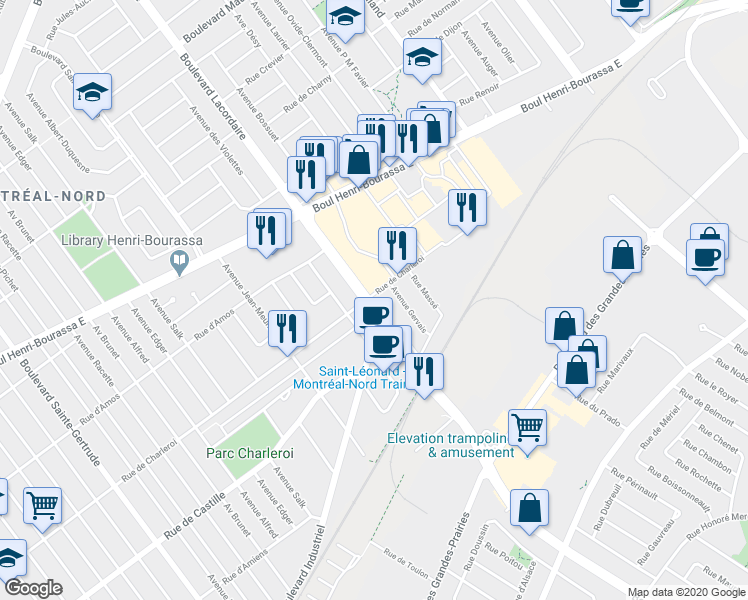 map of restaurants, bars, coffee shops, grocery stores, and more near 11015 Boulevard Lacordaire in Montreal