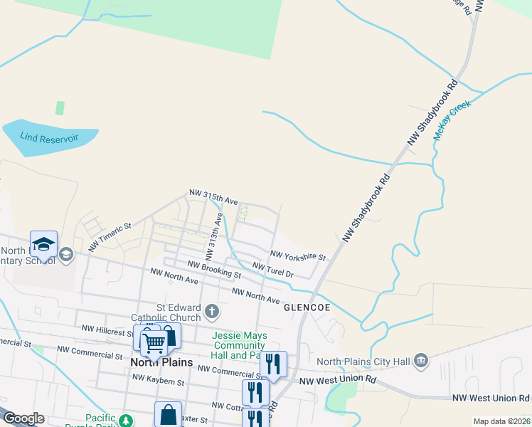 map of restaurants, bars, coffee shops, grocery stores, and more near 30954 Northwest Timeric Drive in North Plains