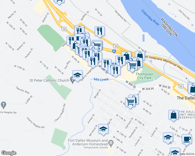 map of restaurants, bars, coffee shops, grocery stores, and more near 1022 West 8th Place in The Dalles