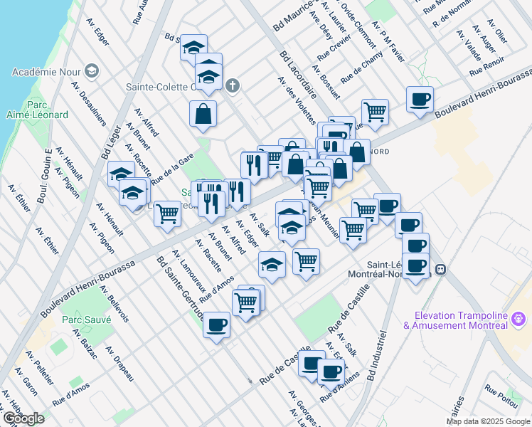 map of restaurants, bars, coffee shops, grocery stores, and more near 5371 Boulevard Henri-Bourassa Est in Montréal