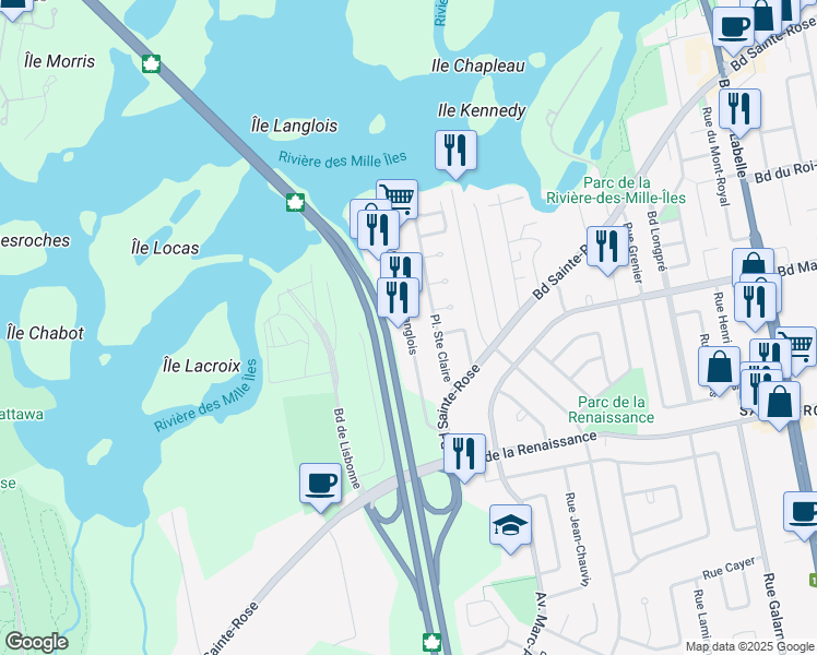 map of restaurants, bars, coffee shops, grocery stores, and more near 95 Rue de la Pointe Langlois in Laval