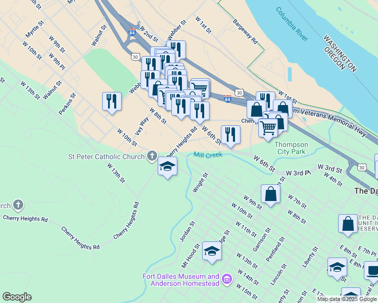 map of restaurants, bars, coffee shops, grocery stores, and more near 1016 West 8th Place in The Dalles