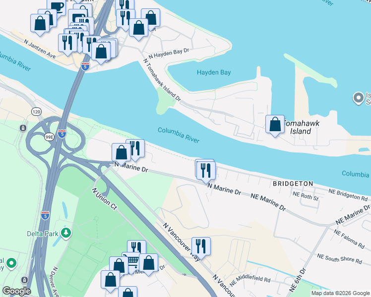 map of restaurants, bars, coffee shops, grocery stores, and more near 510 North Tomahawk Island Drive in Portland