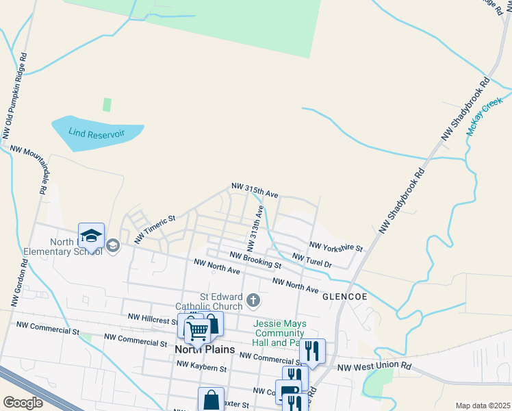 map of restaurants, bars, coffee shops, grocery stores, and more near 31235 Northwest North Avenue in North Plains