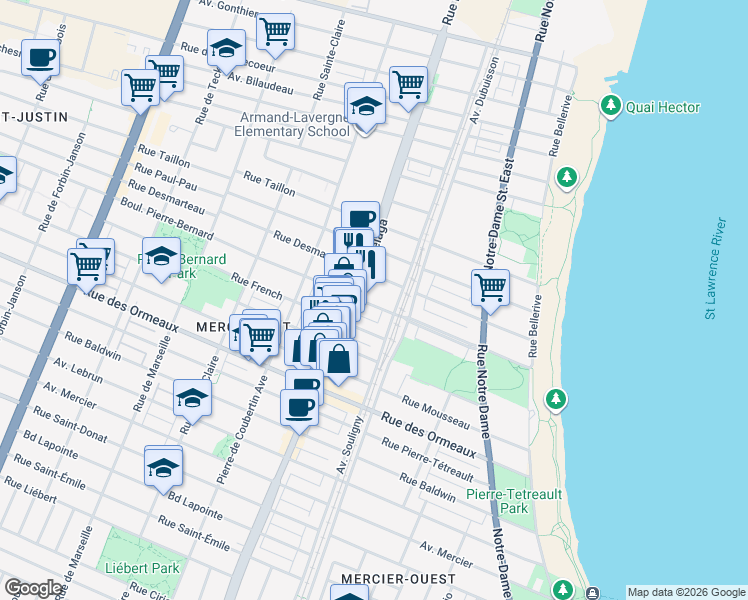 map of restaurants, bars, coffee shops, grocery stores, and more near 2301 Boulevard Pierre-Bernard in Montréal