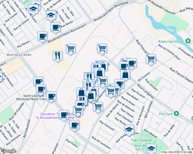 map of restaurants, bars, coffee shops, grocery stores, and more near 6425 Boulevard des Grandes-Prairies in Montréal