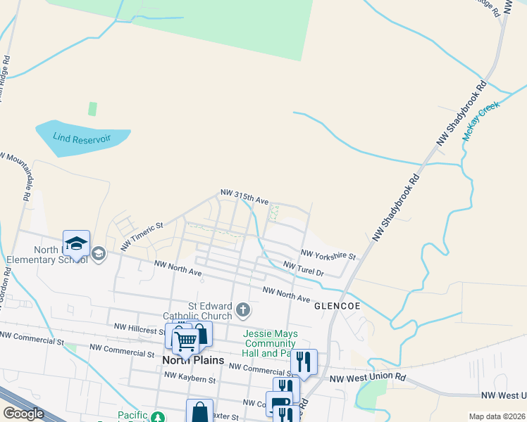 map of restaurants, bars, coffee shops, grocery stores, and more near 31261 Northwest 311th Avenue in North Plains