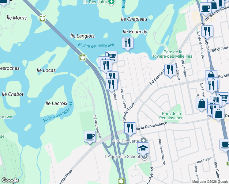 map of restaurants, bars, coffee shops, grocery stores, and more near Rue de la Pointe-Langlois in Laval