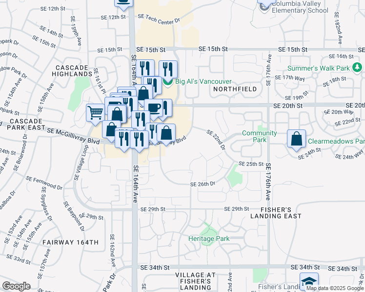 map of restaurants, bars, coffee shops, grocery stores, and more near 16703 Southeast McGillivray Boulevard in Vancouver