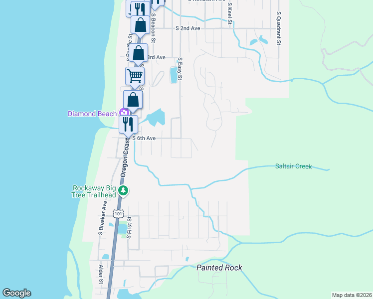 map of restaurants, bars, coffee shops, grocery stores, and more near 648 South Easy Street in Rockaway Beach