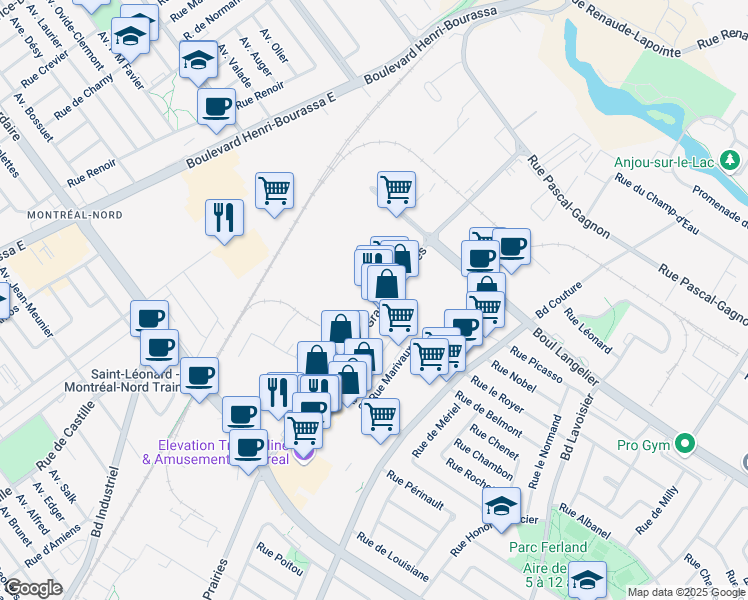 map of restaurants, bars, coffee shops, grocery stores, and more near 6245-6425 Boulevard des Grandes Prairies in Montreal