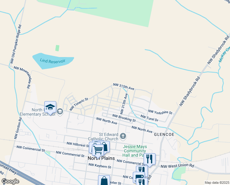 map of restaurants, bars, coffee shops, grocery stores, and more near 31235 Northwest North Avenue in North Plains