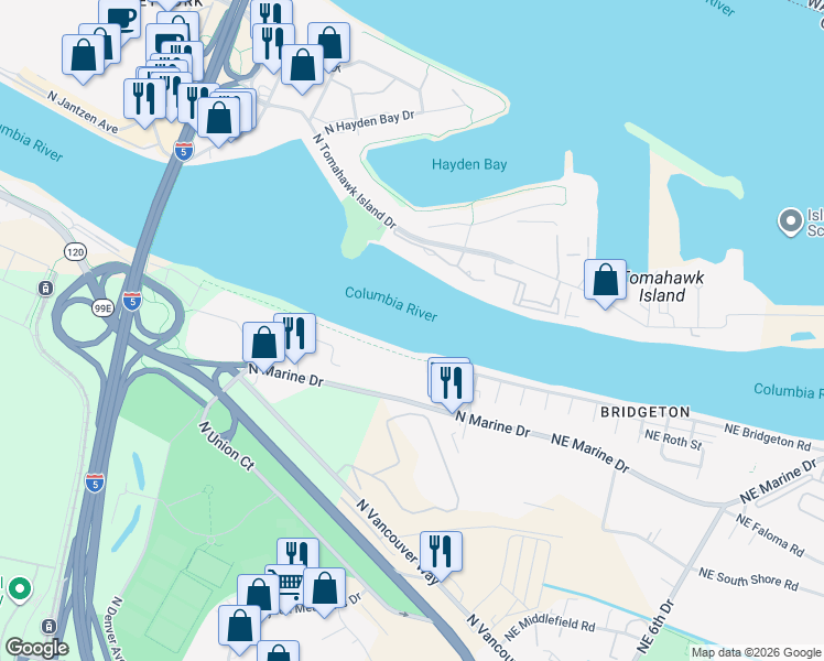 map of restaurants, bars, coffee shops, grocery stores, and more near 510 North Tomahawk Island Drive in Portland