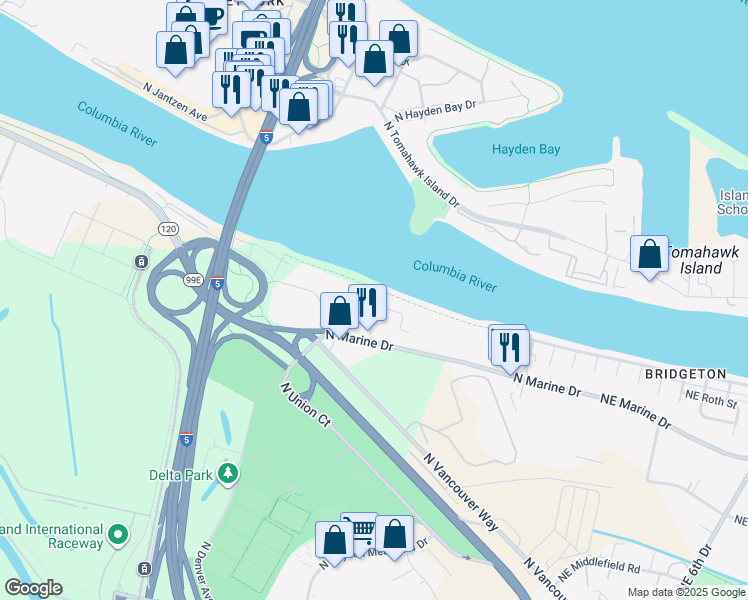 map of restaurants, bars, coffee shops, grocery stores, and more near 905 North Harbour Drive in Portland