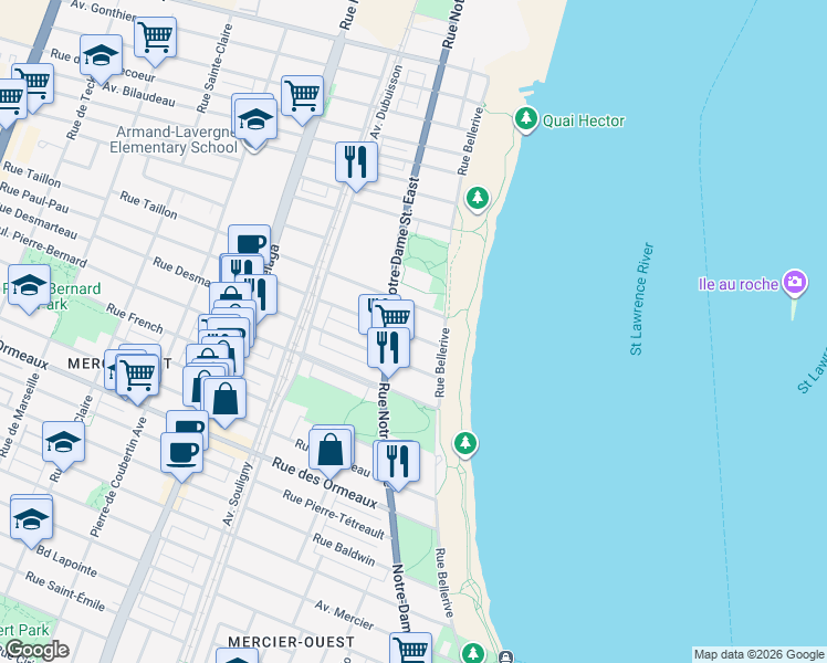 map of restaurants, bars, coffee shops, grocery stores, and more near 387 Rue Paul-Pau in Montréal