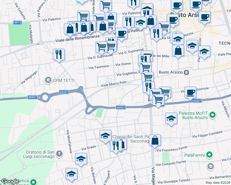 map of restaurants, bars, coffee shops, grocery stores, and more near 25 Via Arconate in Busto Arsizio