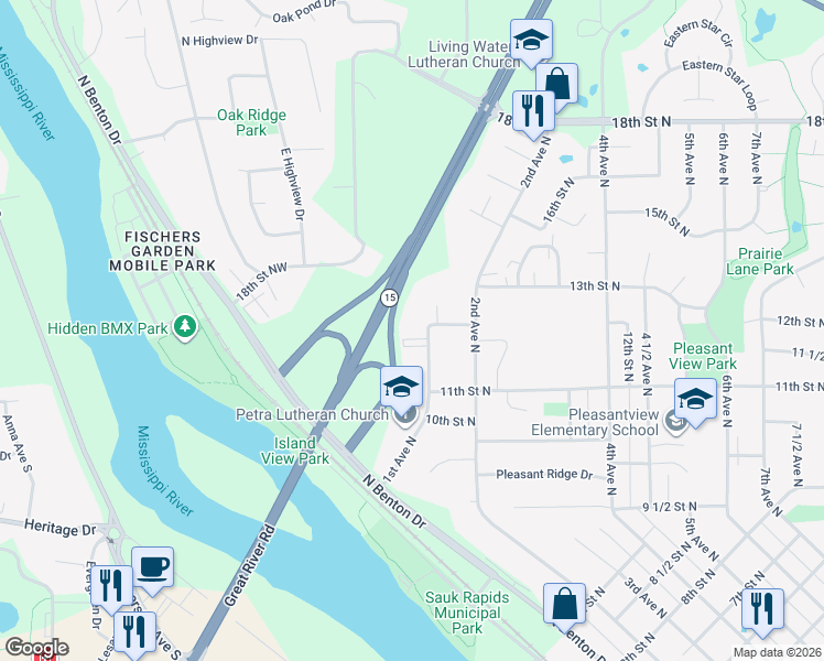 map of restaurants, bars, coffee shops, grocery stores, and more near 1135 1st Avenue North in Sauk Rapids