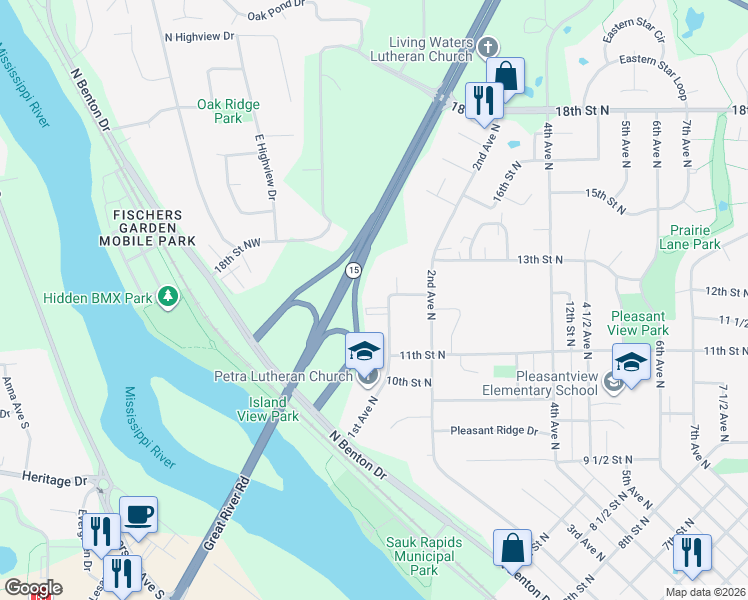 map of restaurants, bars, coffee shops, grocery stores, and more near 1135 1st Avenue North in Sauk Rapids