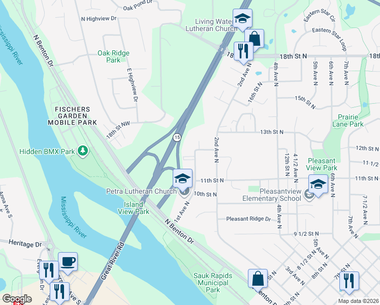 map of restaurants, bars, coffee shops, grocery stores, and more near 1311 1st Avenue North in Sauk Rapids