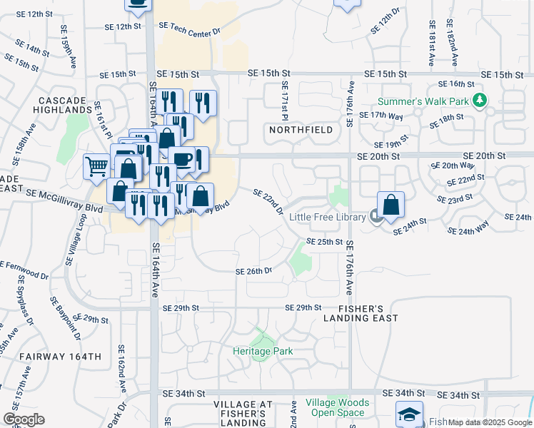 map of restaurants, bars, coffee shops, grocery stores, and more near 17171 Southeast 22nd Drive in Vancouver