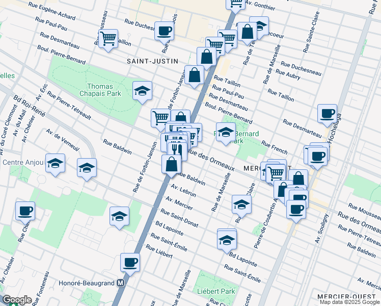 map of restaurants, bars, coffee shops, grocery stores, and more near 3232 Rue des Ormeaux in Montreal