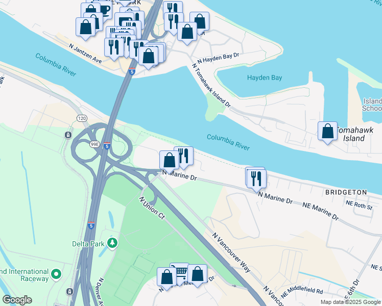 map of restaurants, bars, coffee shops, grocery stores, and more near 905 North Harbour Drive in Portland