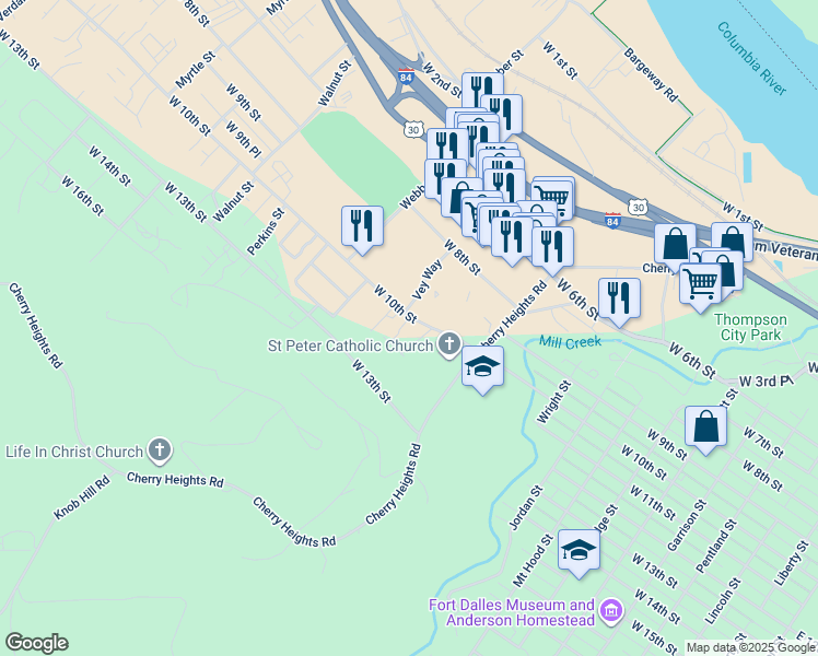 map of restaurants, bars, coffee shops, grocery stores, and more near 1324 West 10th Street in The Dalles