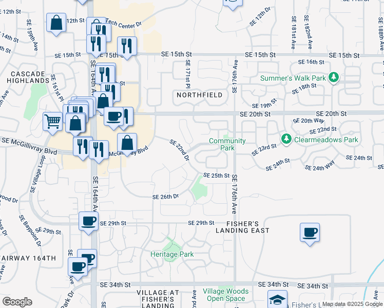 map of restaurants, bars, coffee shops, grocery stores, and more near 17201 Southeast 24th Circle in Vancouver
