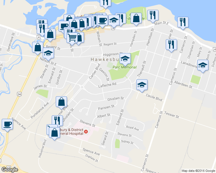 map of restaurants, bars, coffee shops, grocery stores, and more near 556 Lafleche Road in Hawkesbury