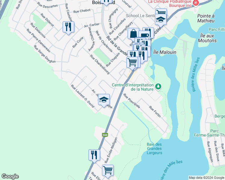 map of restaurants, bars, coffee shops, grocery stores, and more near 455 Rue Marie C. Daveluy in Boisbriand
