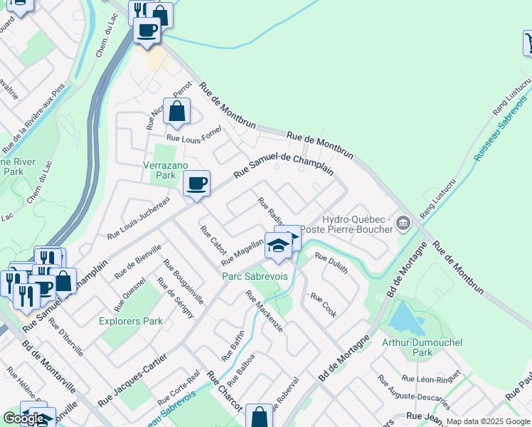 map of restaurants, bars, coffee shops, grocery stores, and more near 828 Rue Radisson in Boucherville