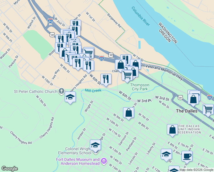 map of restaurants, bars, coffee shops, grocery stores, and more near 915 West 6th Street in The Dalles