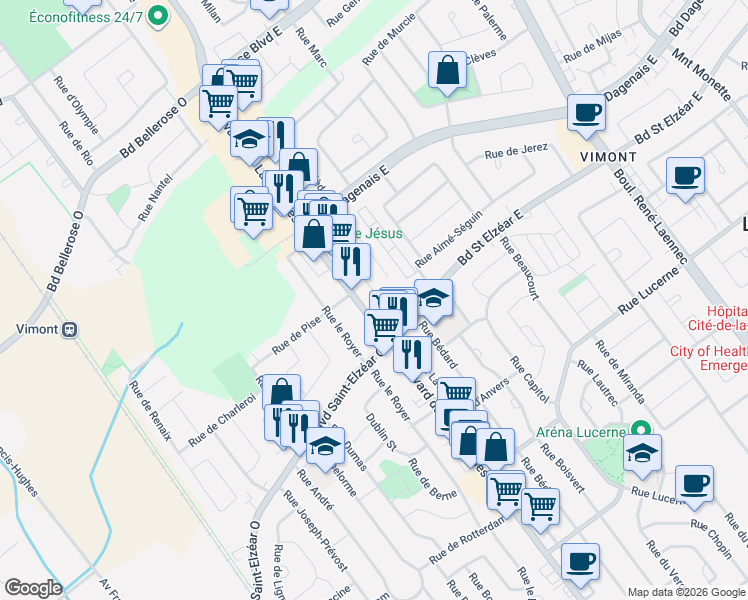 map of restaurants, bars, coffee shops, grocery stores, and more near 1950 Rue Paradis in Laval