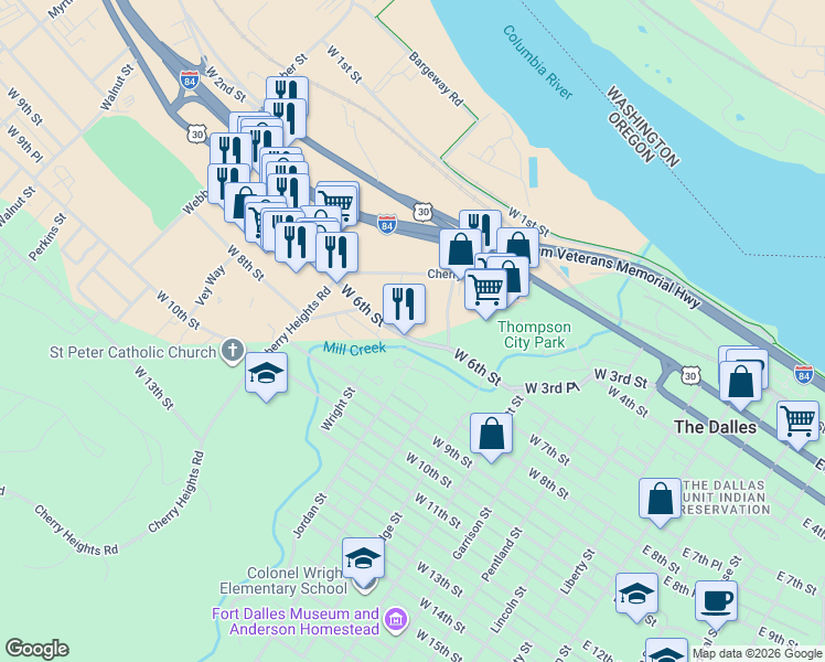 map of restaurants, bars, coffee shops, grocery stores, and more near 915 West 6th Street in The Dalles