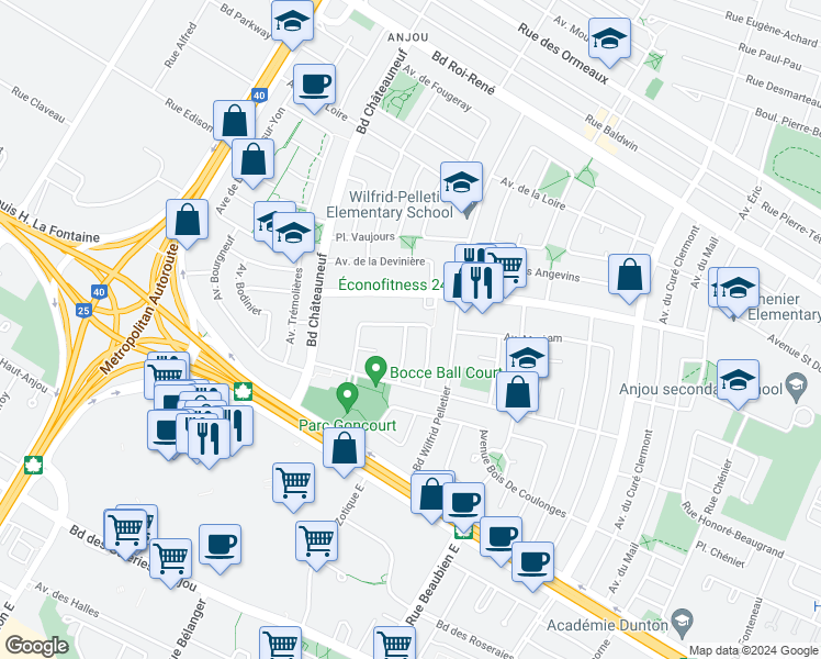 map of restaurants, bars, coffee shops, grocery stores, and more near 8022 Avenue Candes in Montréal