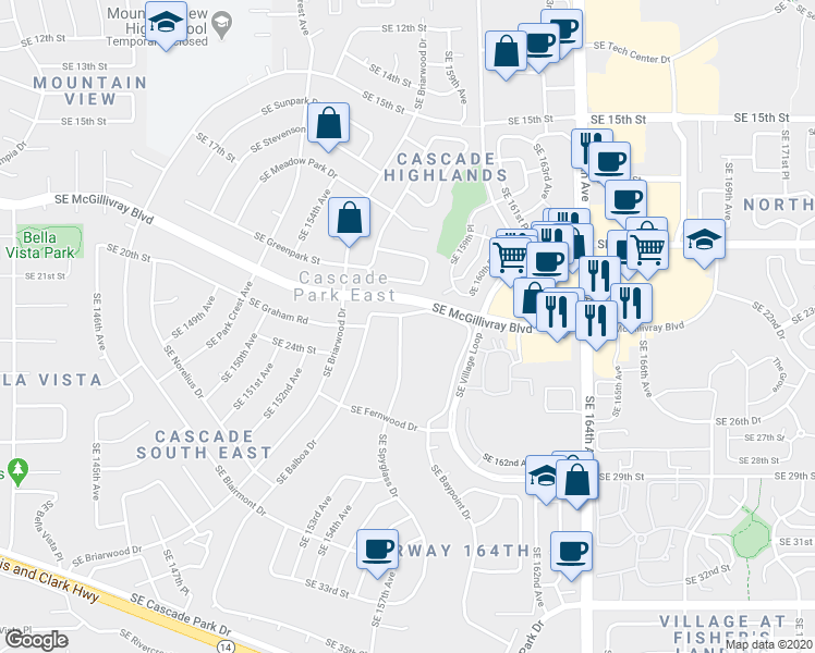 map of restaurants, bars, coffee shops, grocery stores, and more near 2303 Southeast Spyglass Drive in Vancouver
