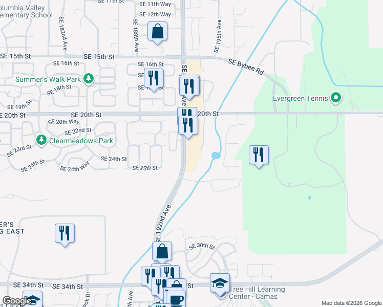 map of restaurants, bars, coffee shops, grocery stores, and more near 2311 Southeast 192nd Avenue in Camas