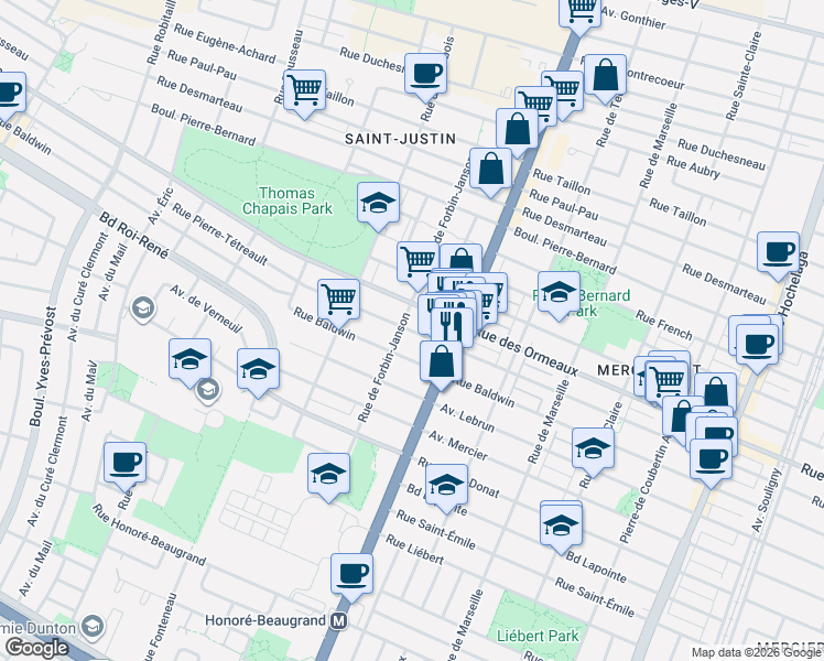 map of restaurants, bars, coffee shops, grocery stores, and more near 4955 Rue Pierre-Tétreault in Montréal