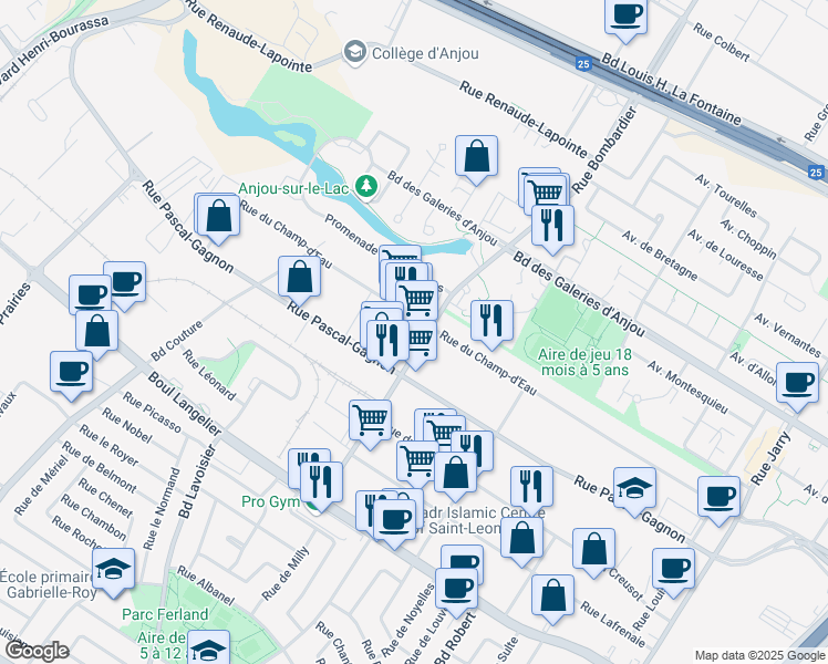 map of restaurants, bars, coffee shops, grocery stores, and more near 8776 Rue du Champ-d'Eau in Montréal