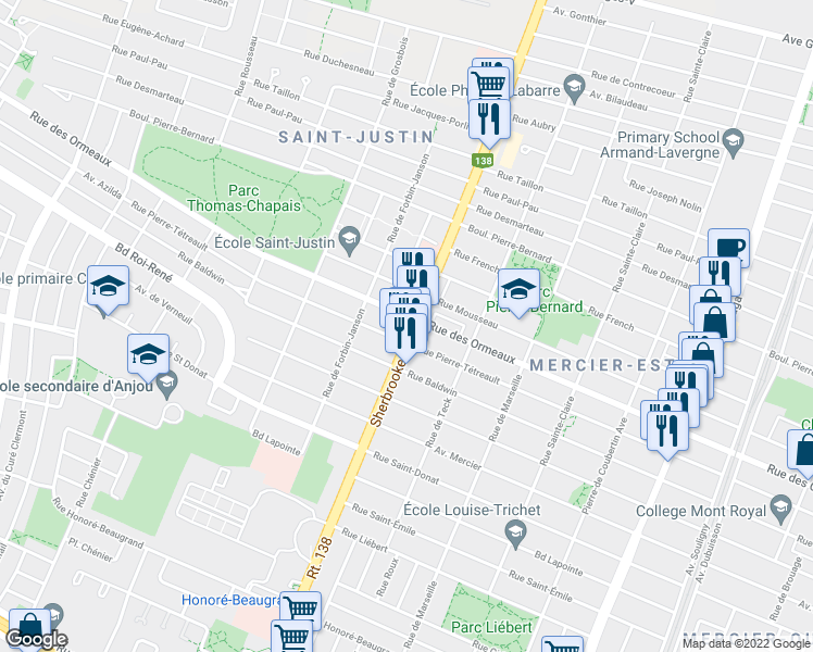 map of restaurants, bars, coffee shops, grocery stores, and more near 8703 Rue Sherbrooke Est in Montréal