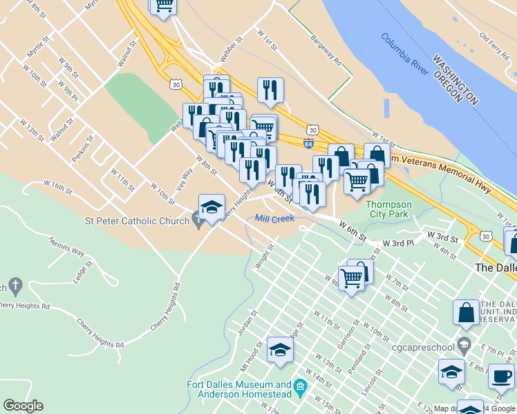 map of restaurants, bars, coffee shops, grocery stores, and more near 1016 West 8th Place in The Dalles