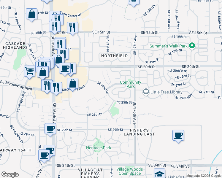 map of restaurants, bars, coffee shops, grocery stores, and more near 17201 Southeast 24th Circle in Vancouver