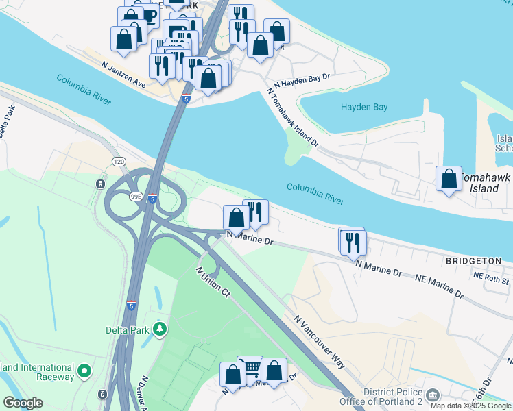 map of restaurants, bars, coffee shops, grocery stores, and more near 905 North Harbour Drive in Portland