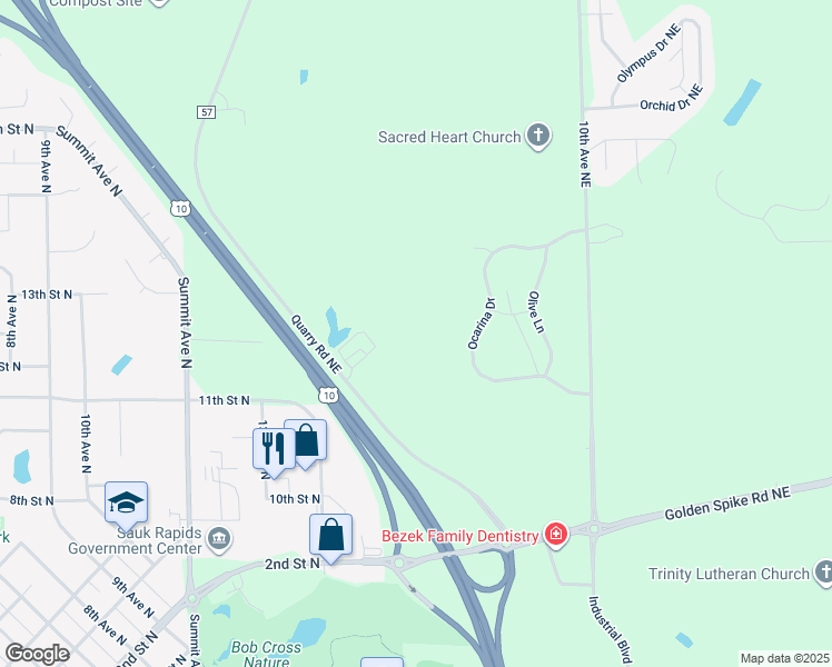 map of restaurants, bars, coffee shops, grocery stores, and more near 2550 Quarry Road Northeast in Sauk Rapids