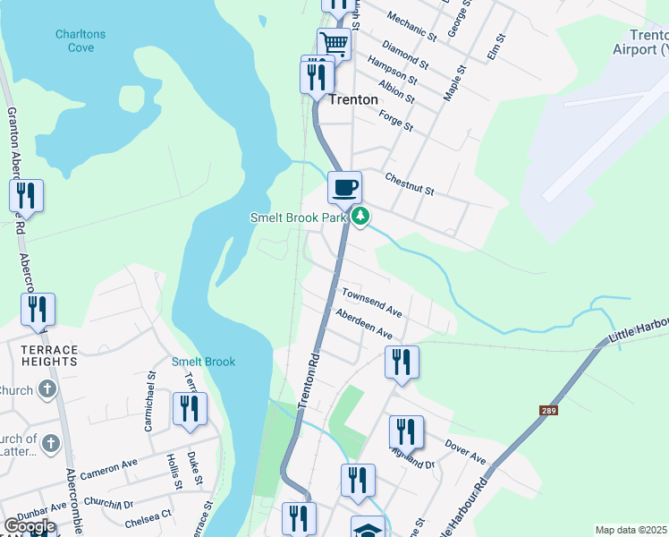 map of restaurants, bars, coffee shops, grocery stores, and more near 791 Trenton Road in New Glasgow