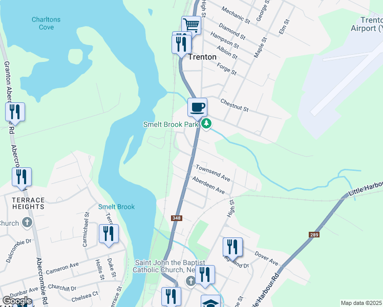 map of restaurants, bars, coffee shops, grocery stores, and more near 791 Trenton Road in New Glasgow